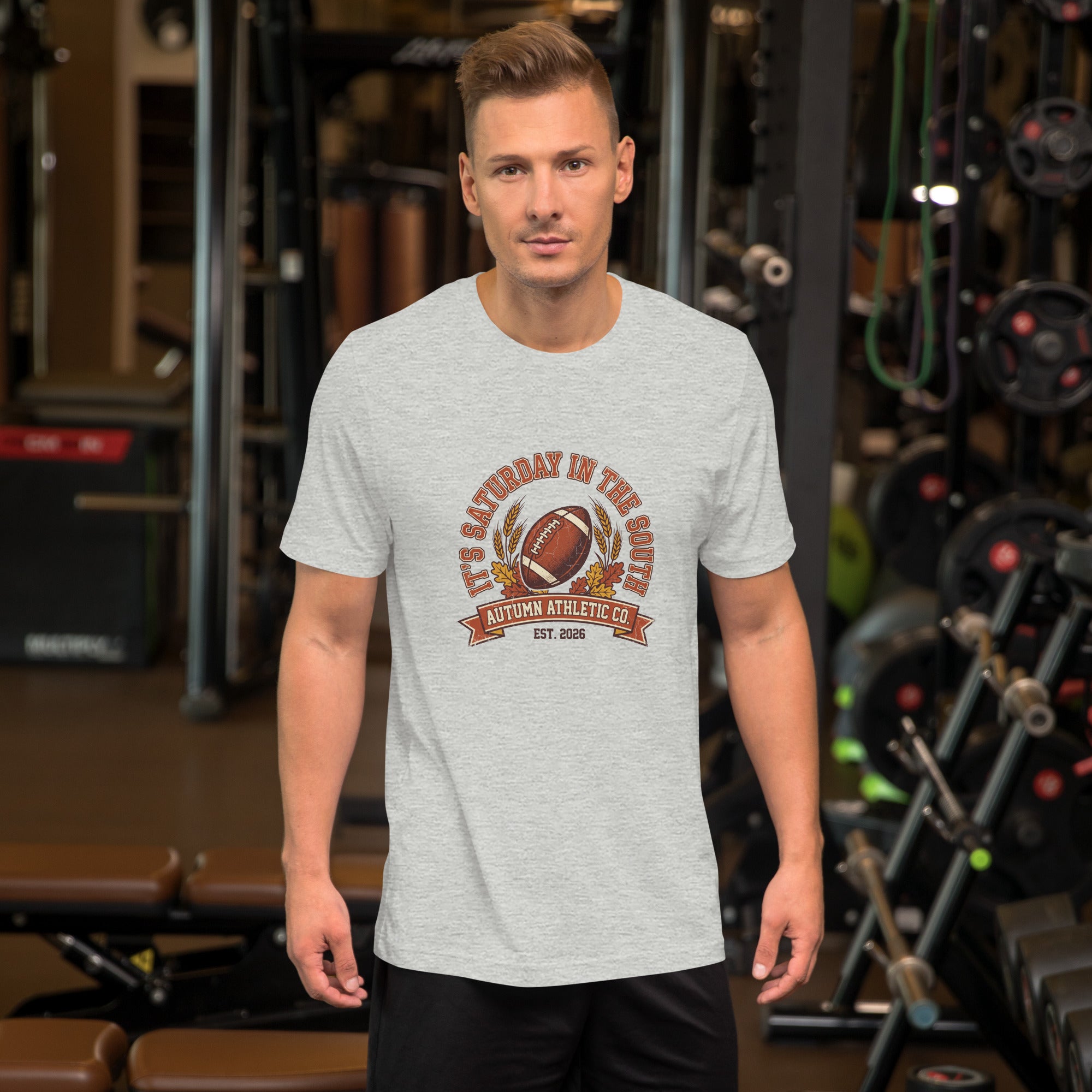 Man wearing the It's Saturday in the South tee in athletic heather