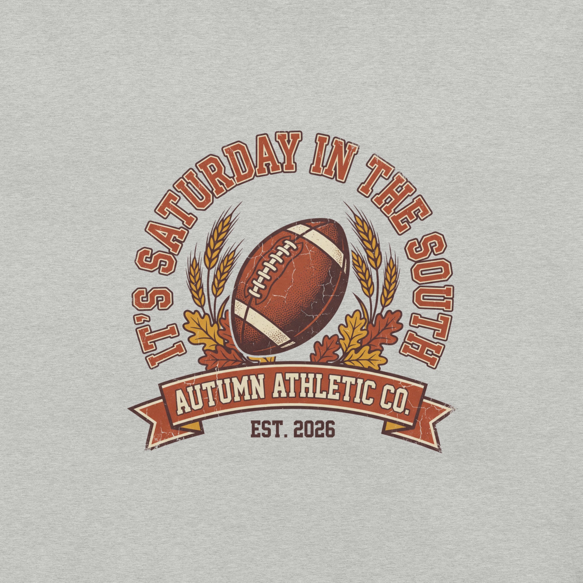Close-up of the It's Saturday in the South print showing the distressed vintage texture on athletic heather fabric