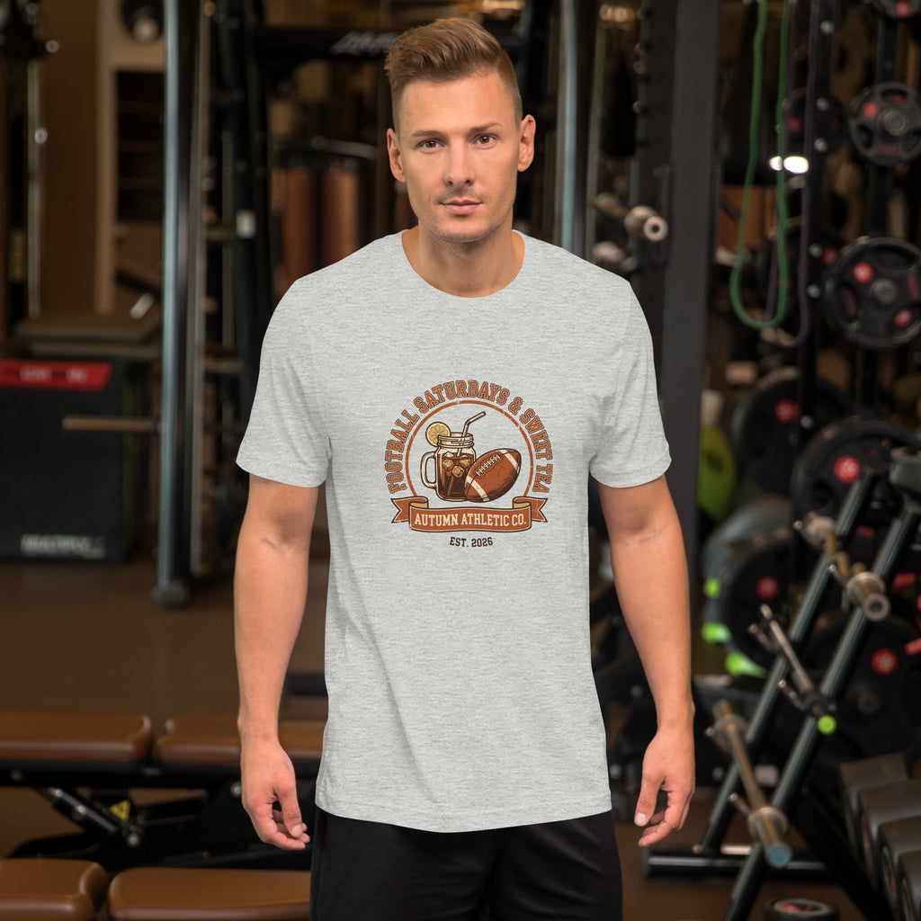 Man wearing the Football Saturdays and Sweet Tea tee in athletic heather