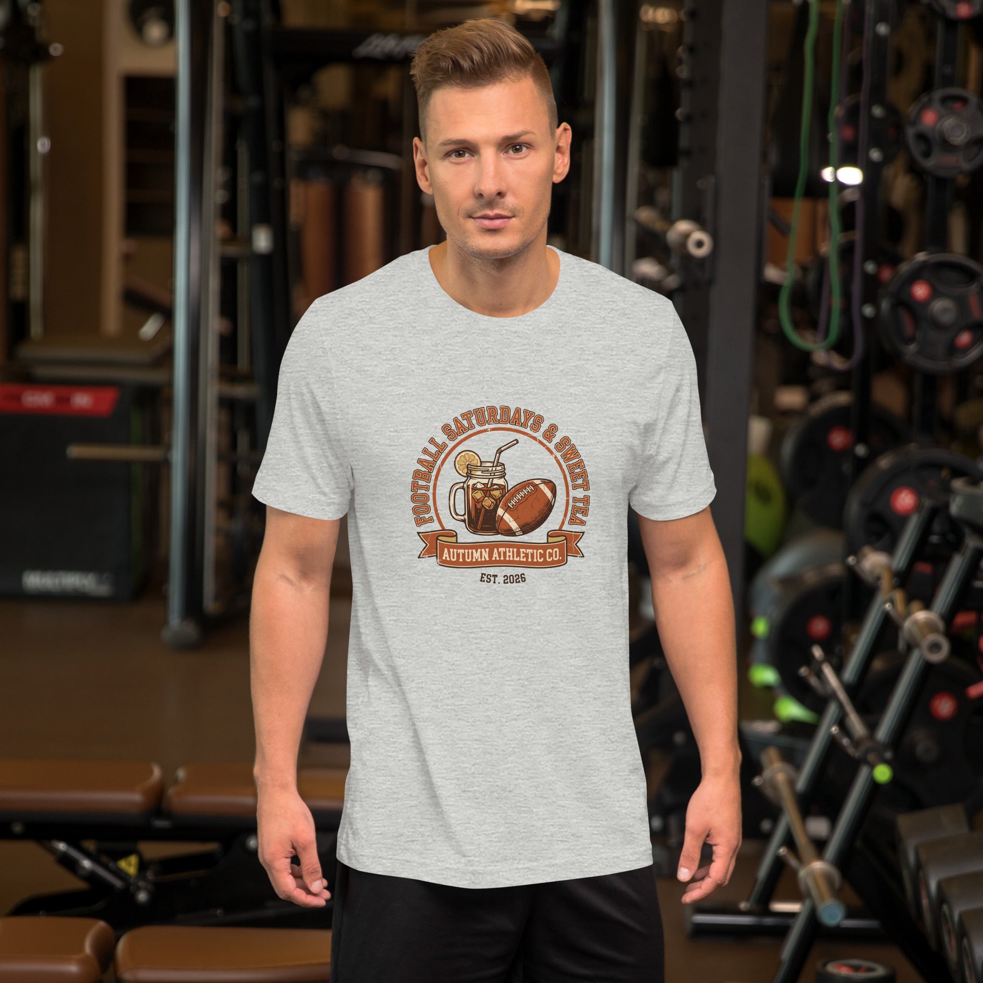 Man wearing the Football Saturdays and Sweet Tea tee in athletic heather