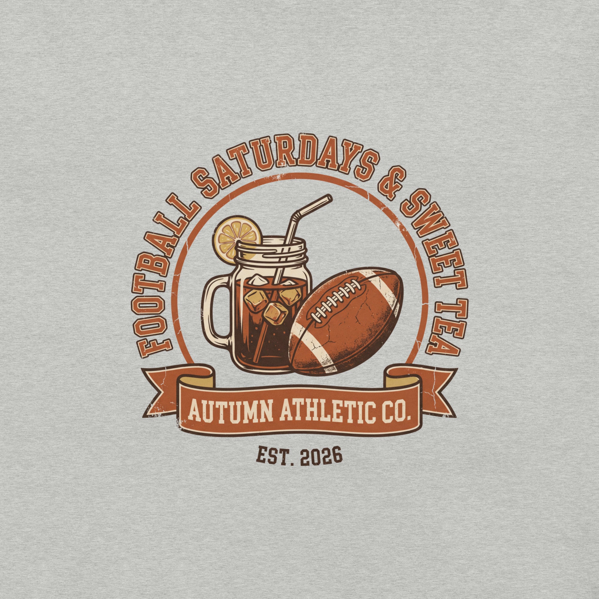 Close-up of the Football Saturdays and Sweet Tea print showing the distressed vintage texture on athletic heather fabric