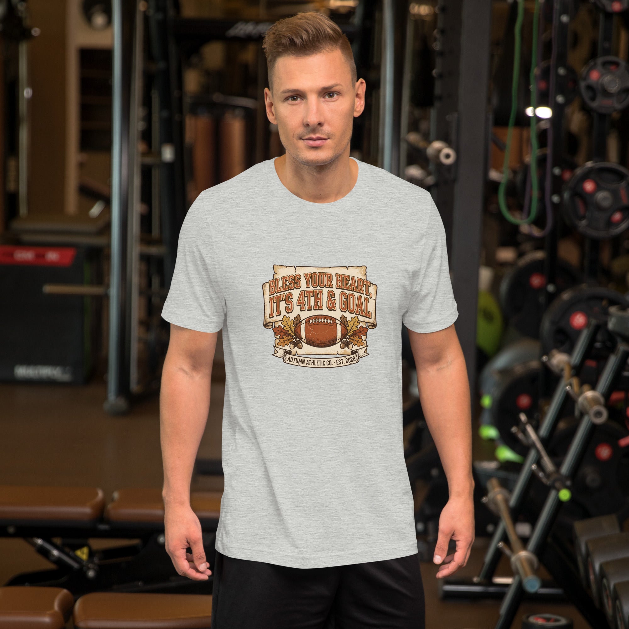 Man wearing the Bless Your Heart, It's 4th and Goal tee in athletic heather