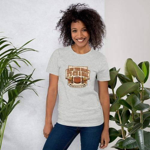 Woman wearing the Bless Your Heart, It's 4th and Goal tee in athletic heather