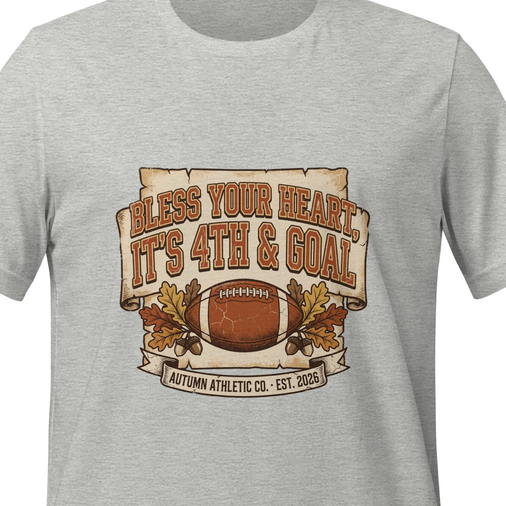 Athletic heather unisex t-shirt printed with a vintage scroll banner reading Bless Your Heart, It's 4th and Goal above a football surrounded by autumn oak leaves
