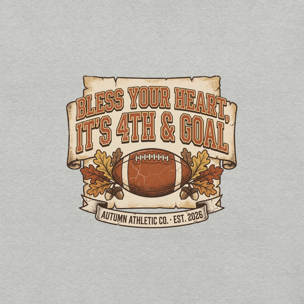 Close-up of the Bless Your Heart, It's 4th and Goal print showing the distressed vintage texture on athletic heather fabric