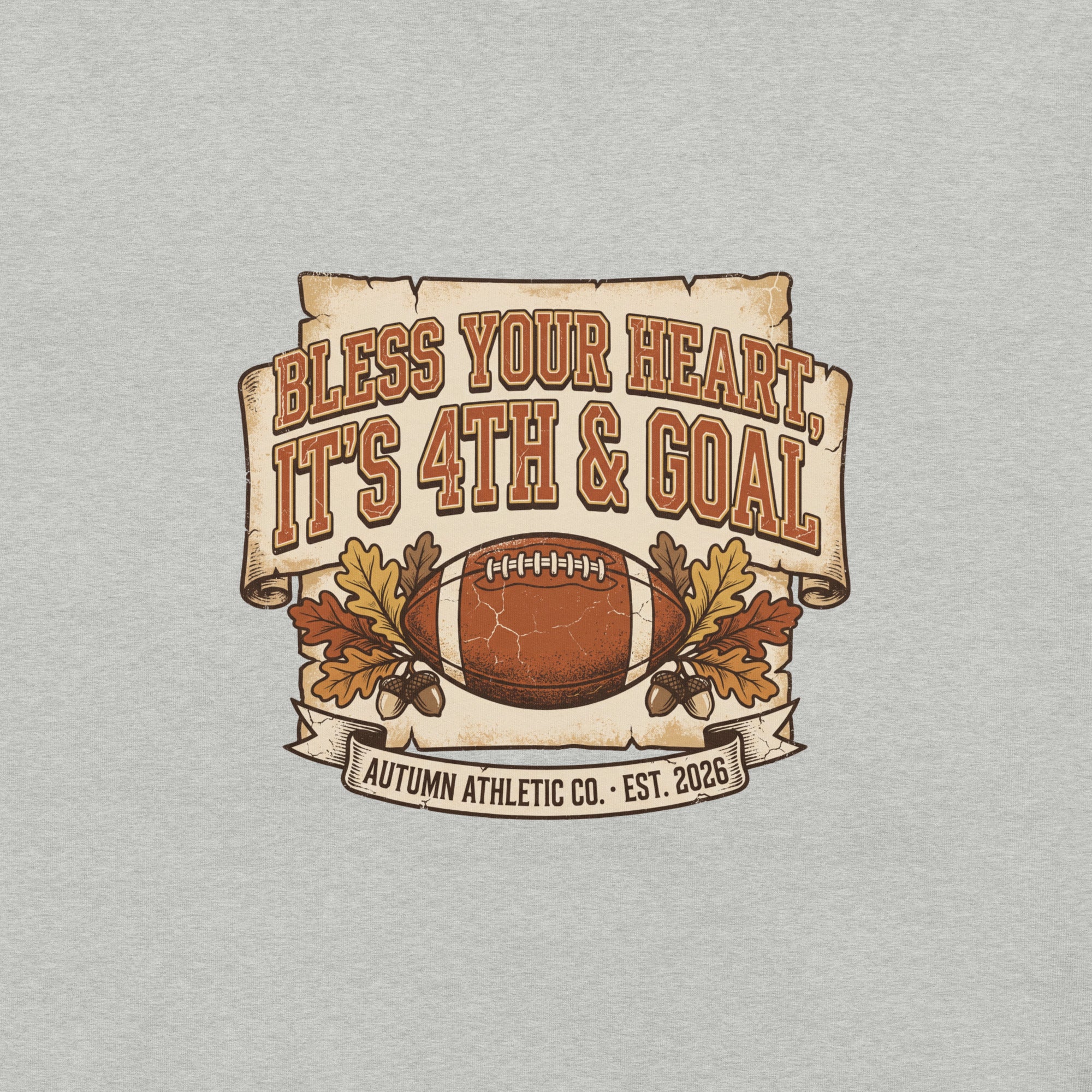 Close-up of the Bless Your Heart, It's 4th and Goal print showing the distressed vintage texture on athletic heather fabric