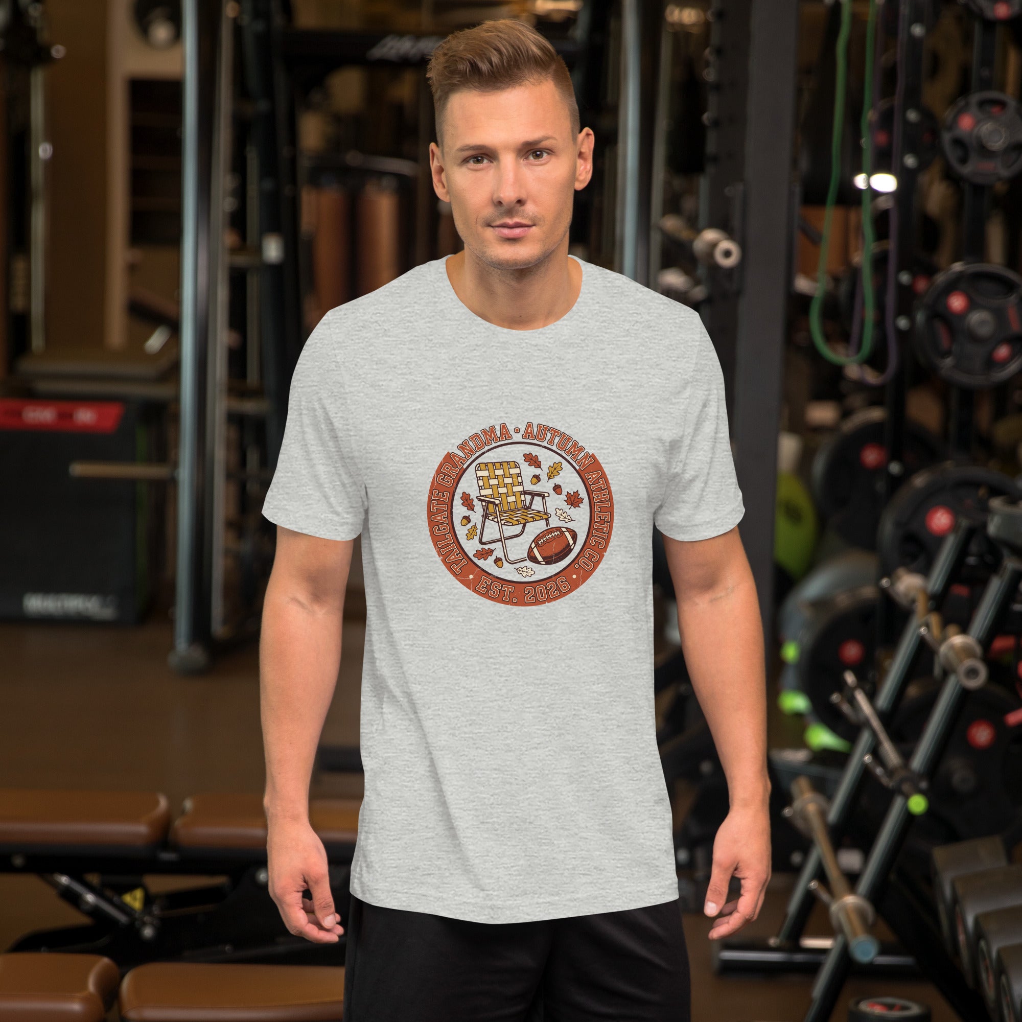Man wearing the Tailgate Grandma tee in athletic heather