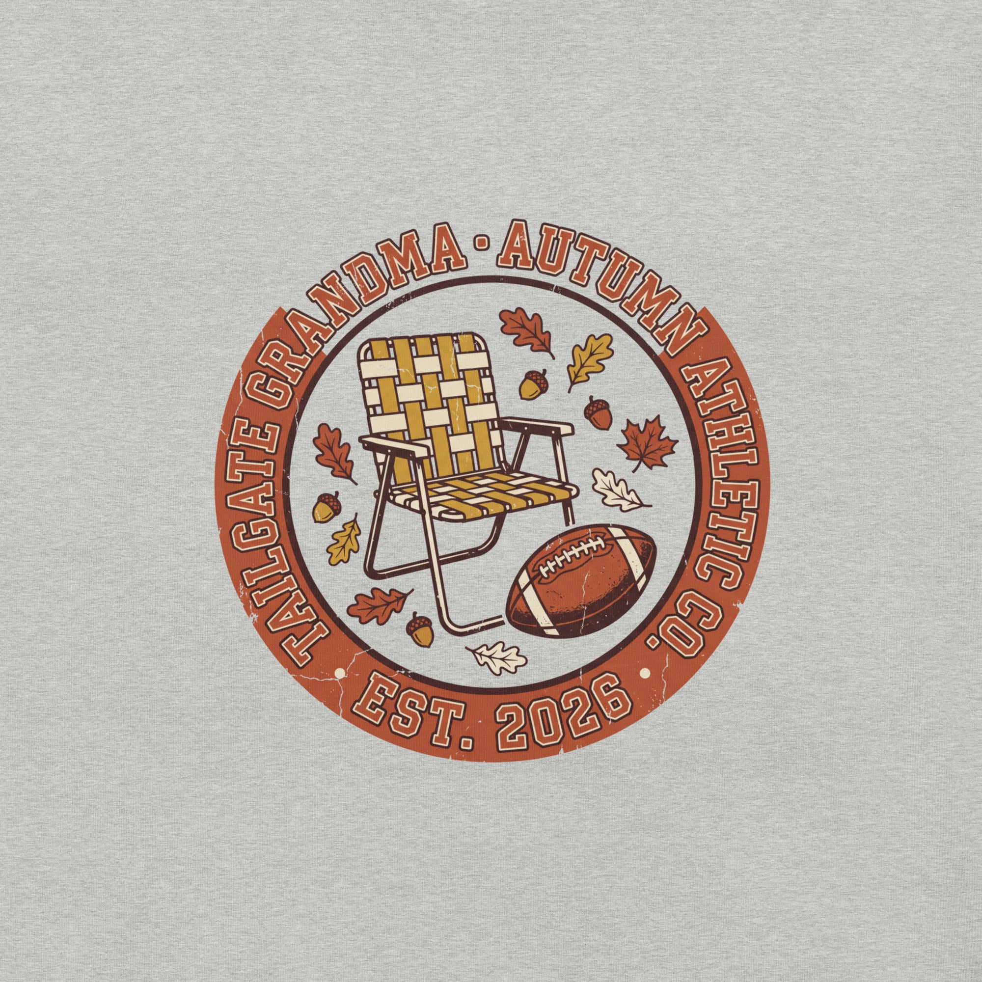 Close-up of the Tailgate Grandma print showing the distressed vintage texture on athletic heather fabric