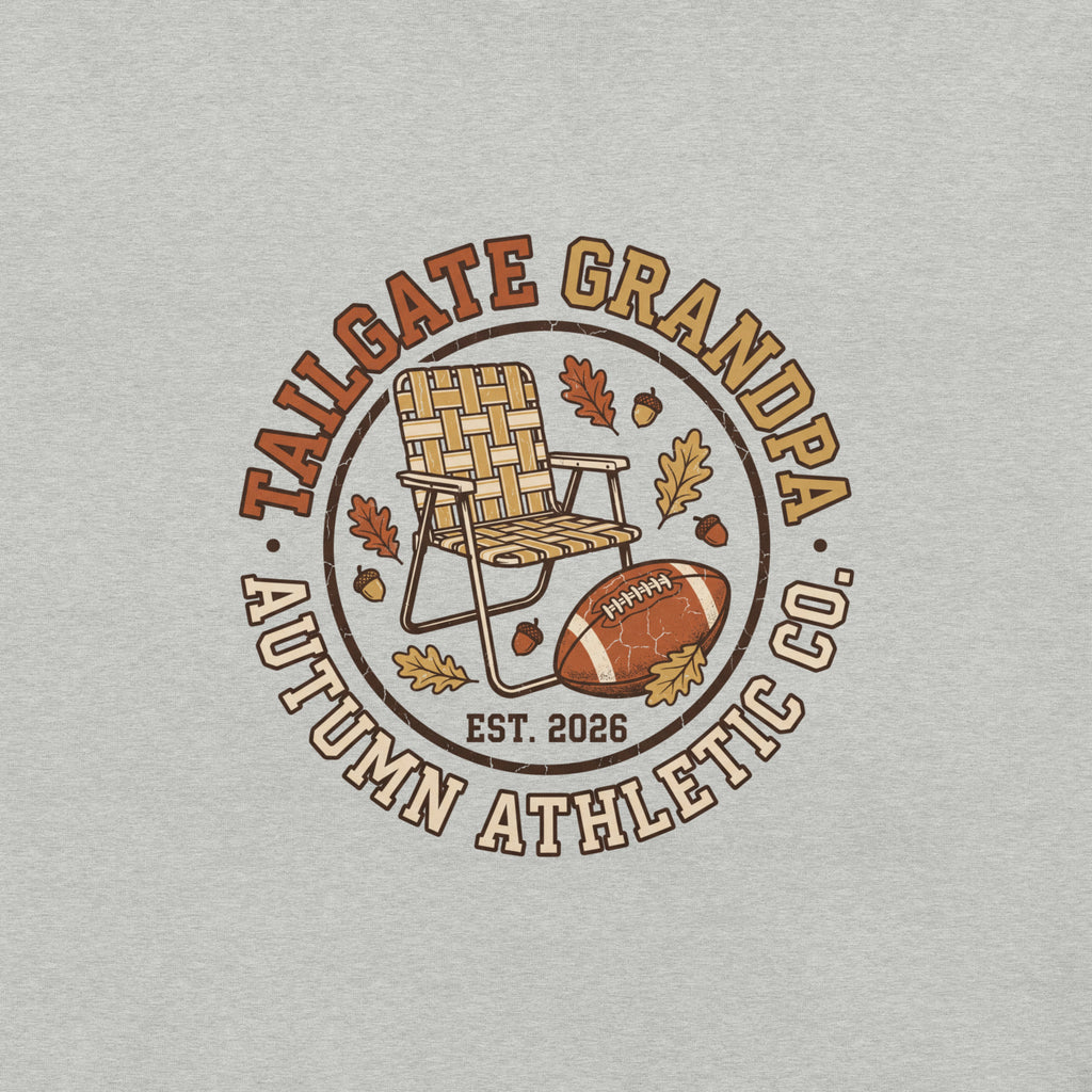 Close-up of the Tailgate Grandpa print showing the distressed vintage texture on athletic heather fabric