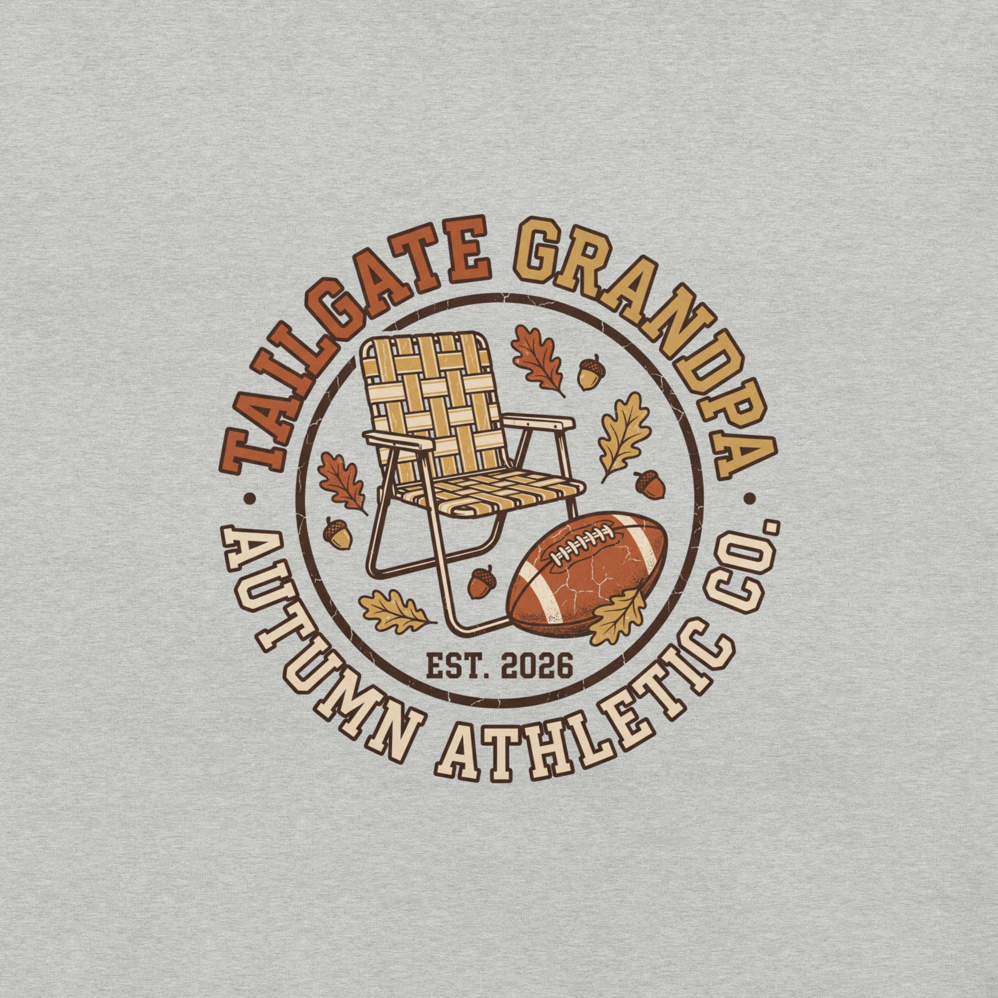 Close-up of the Tailgate Grandpa print showing the distressed vintage texture on athletic heather fabric