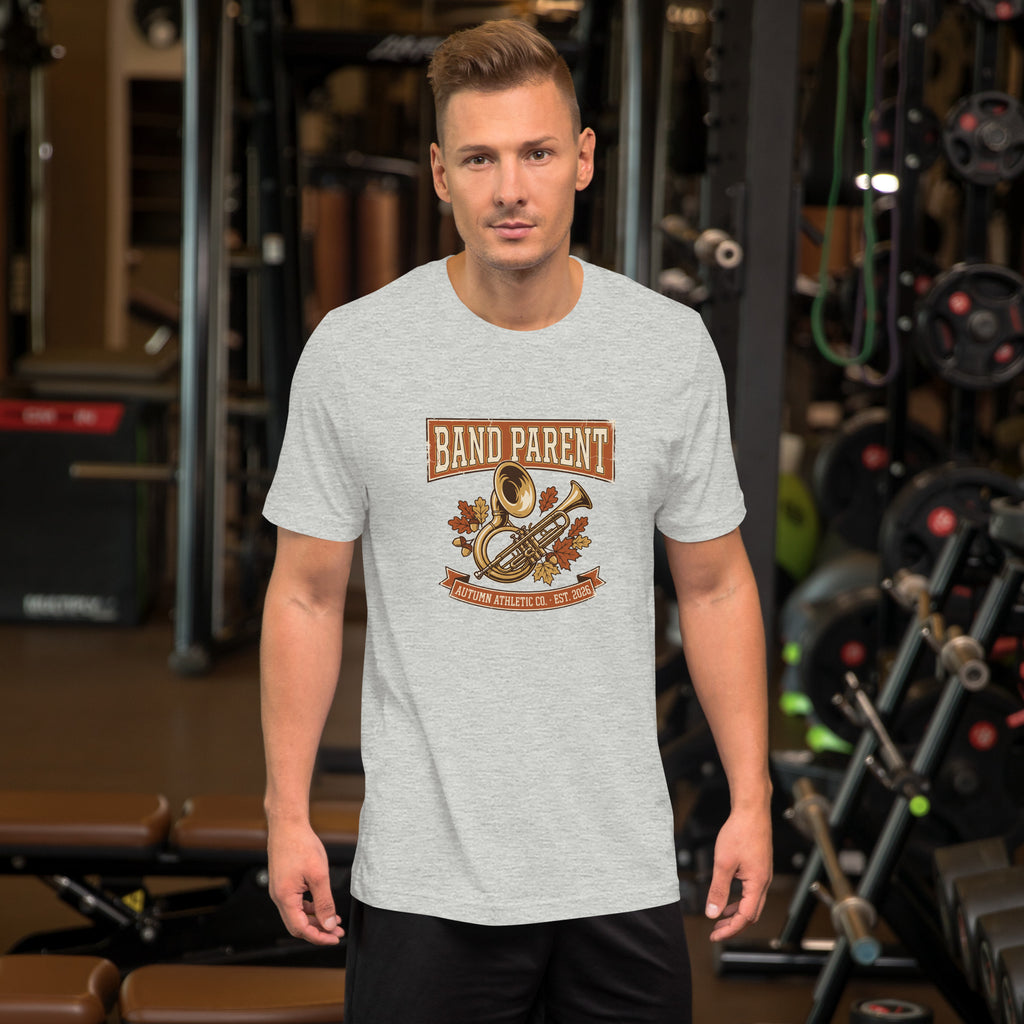 Man wearing the Band Parent tee in athletic heather