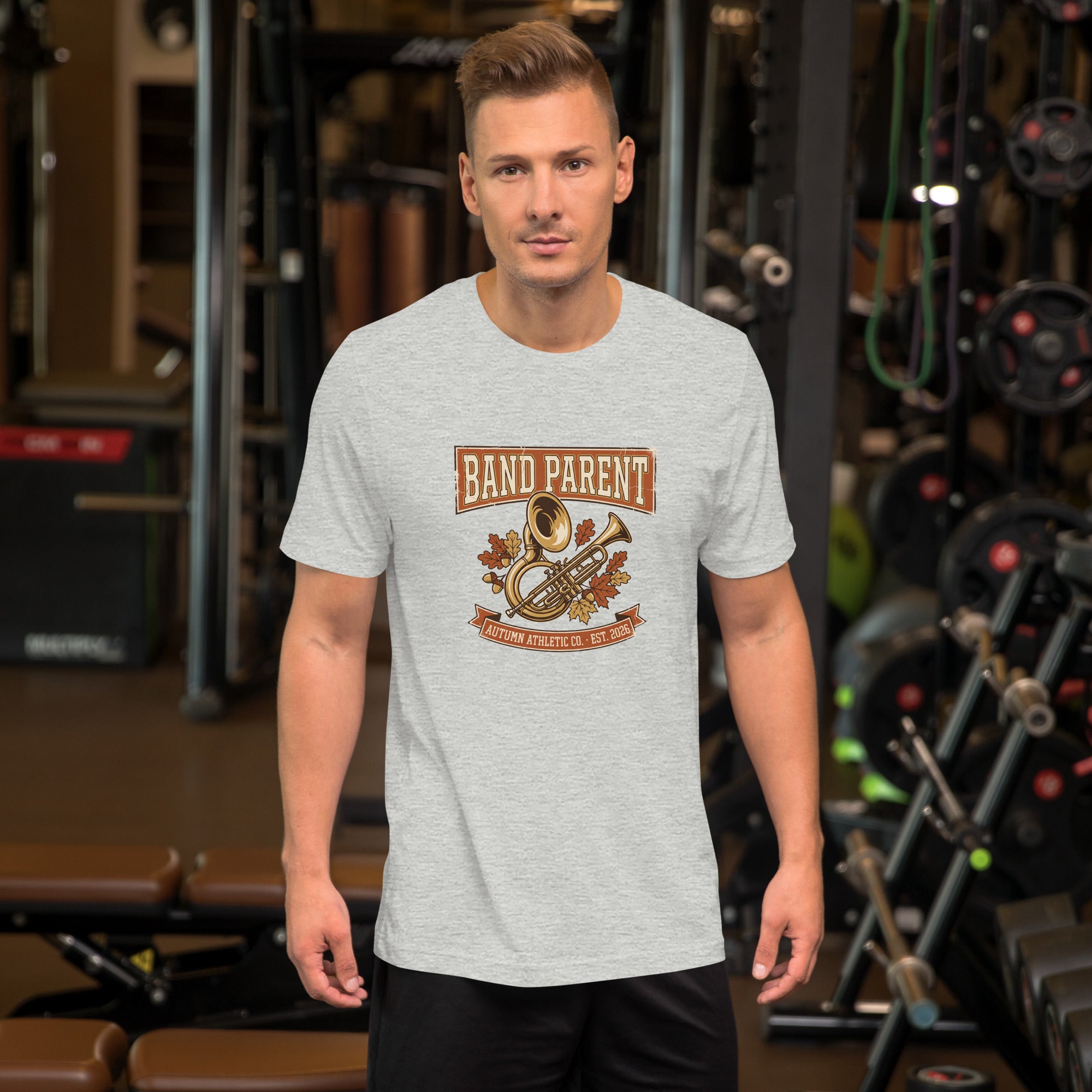 Man wearing the Band Parent tee in athletic heather