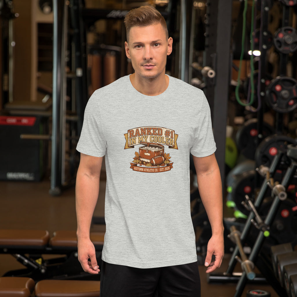 Man wearing the Ranked Number 1 in My Cooler tee in athletic heather