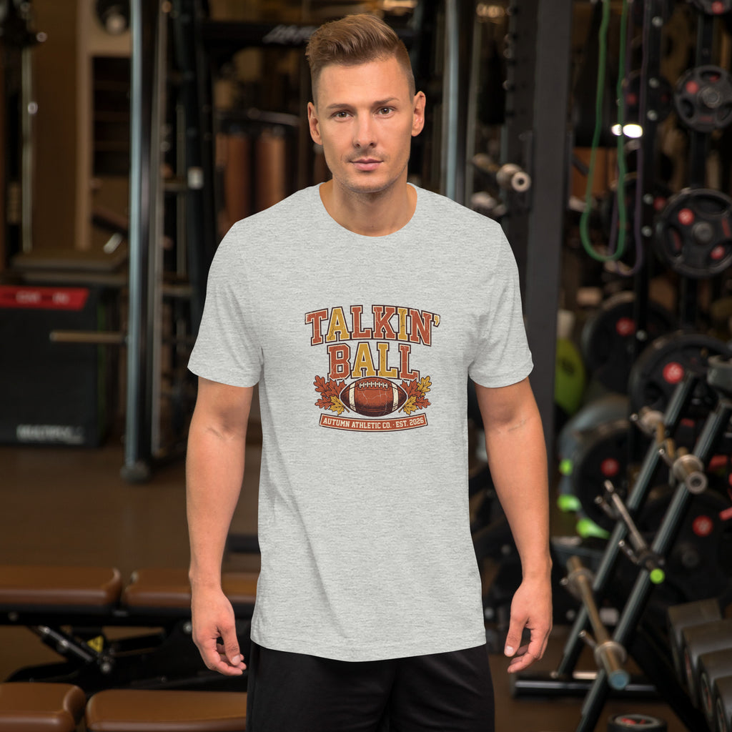 Man wearing the Talkin' Ball tee in athletic heather
