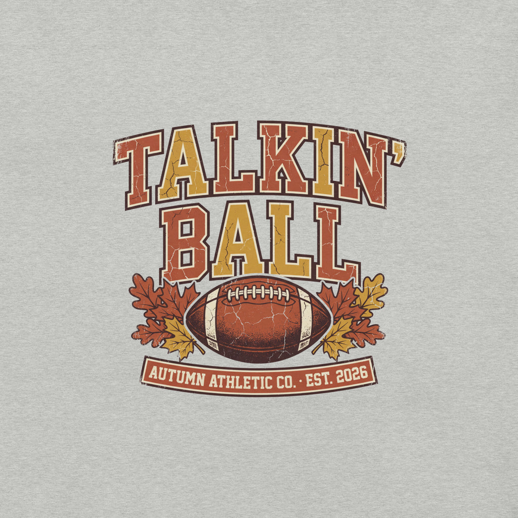 Close-up of the Talkin' Ball print showing the distressed vintage texture on athletic heather fabric