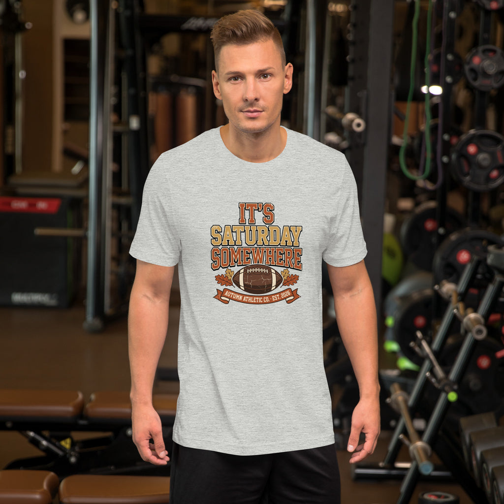 Man wearing the It's Saturday Somewhere tee in athletic heather