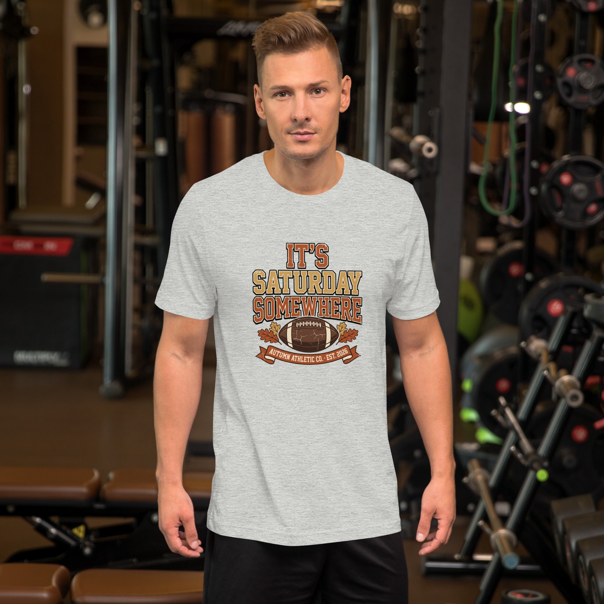 Man wearing the It's Saturday Somewhere tee in athletic heather