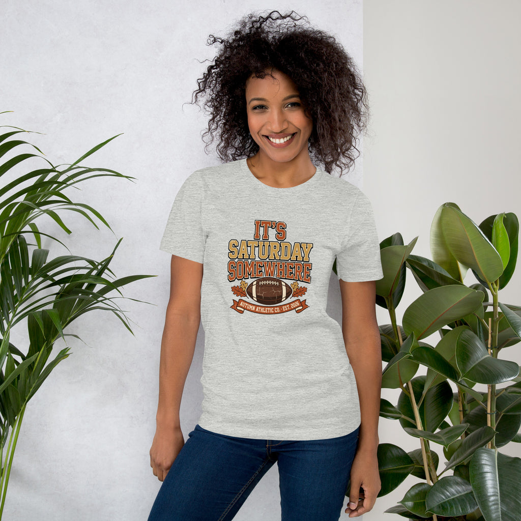 Woman wearing the It's Saturday Somewhere tee in athletic heather