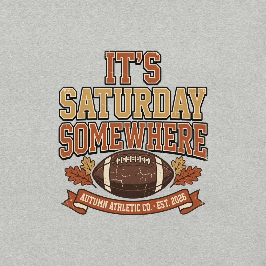 Close-up of the It's Saturday Somewhere print showing the distressed vintage texture on athletic heather fabric