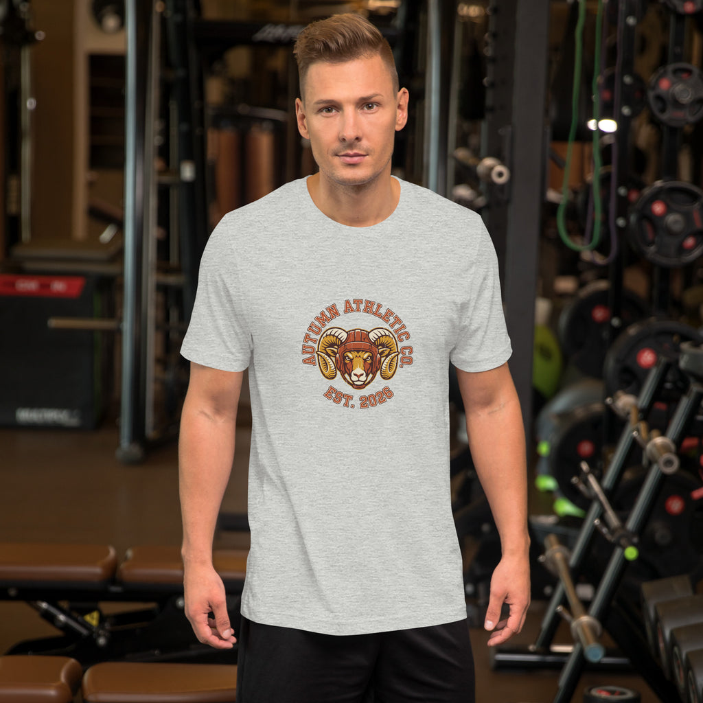 Man wearing the Autumn Athletic Co. ram crest tee in athletic heather