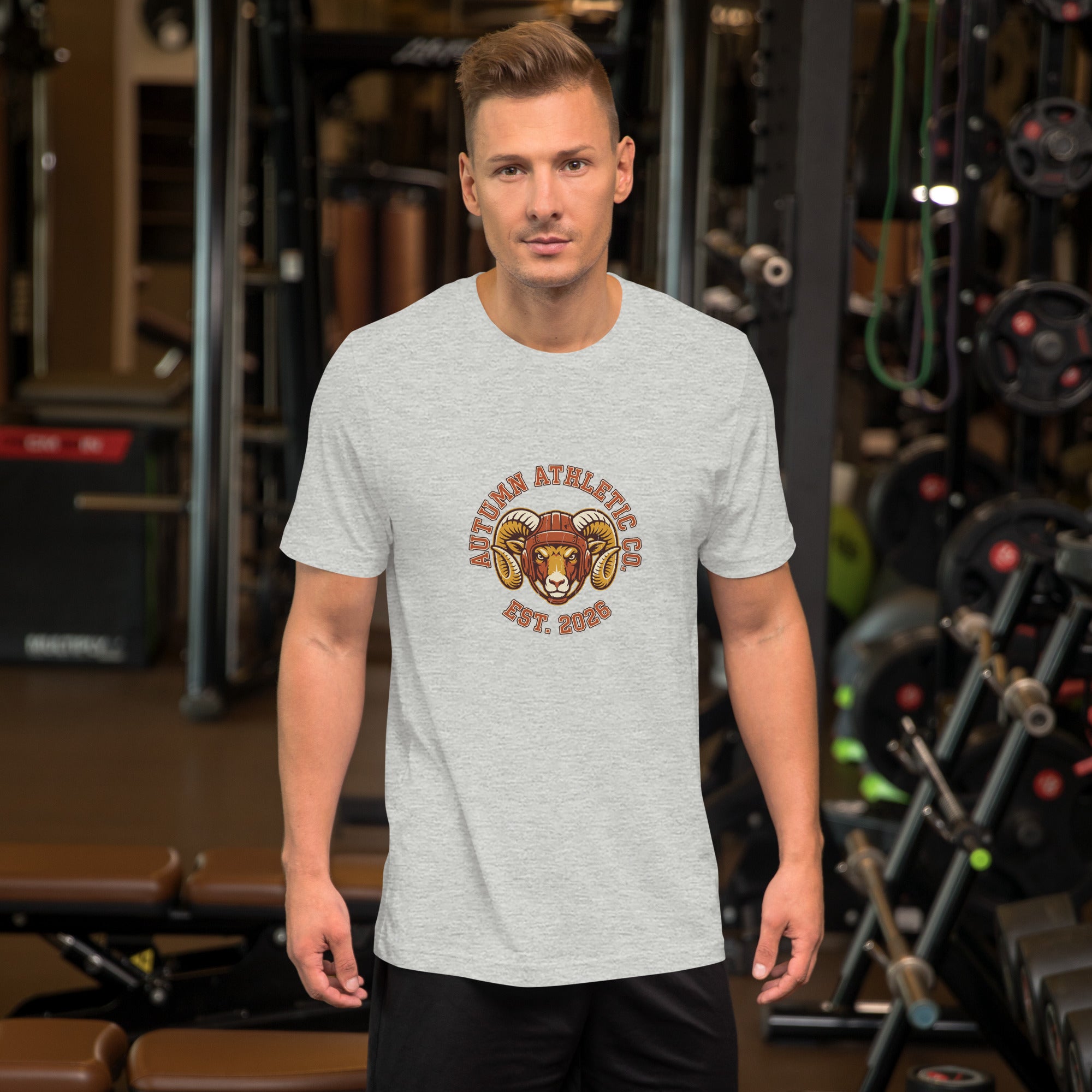 Man wearing the Autumn Athletic Co. ram crest tee in athletic heather