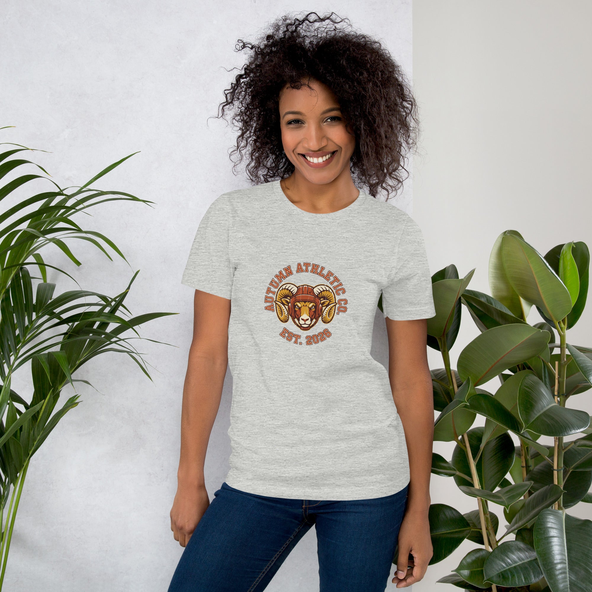 Woman wearing the Autumn Athletic Co. ram crest tee in athletic heather