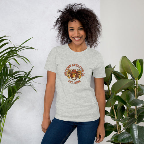Woman wearing the Autumn Athletic Co. ram crest tee in athletic heather