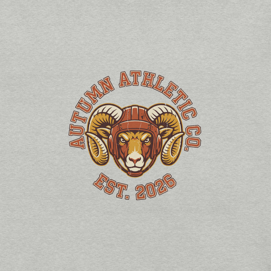 Close-up of the ram crest print showing the distressed vintage texture on athletic heather fabric