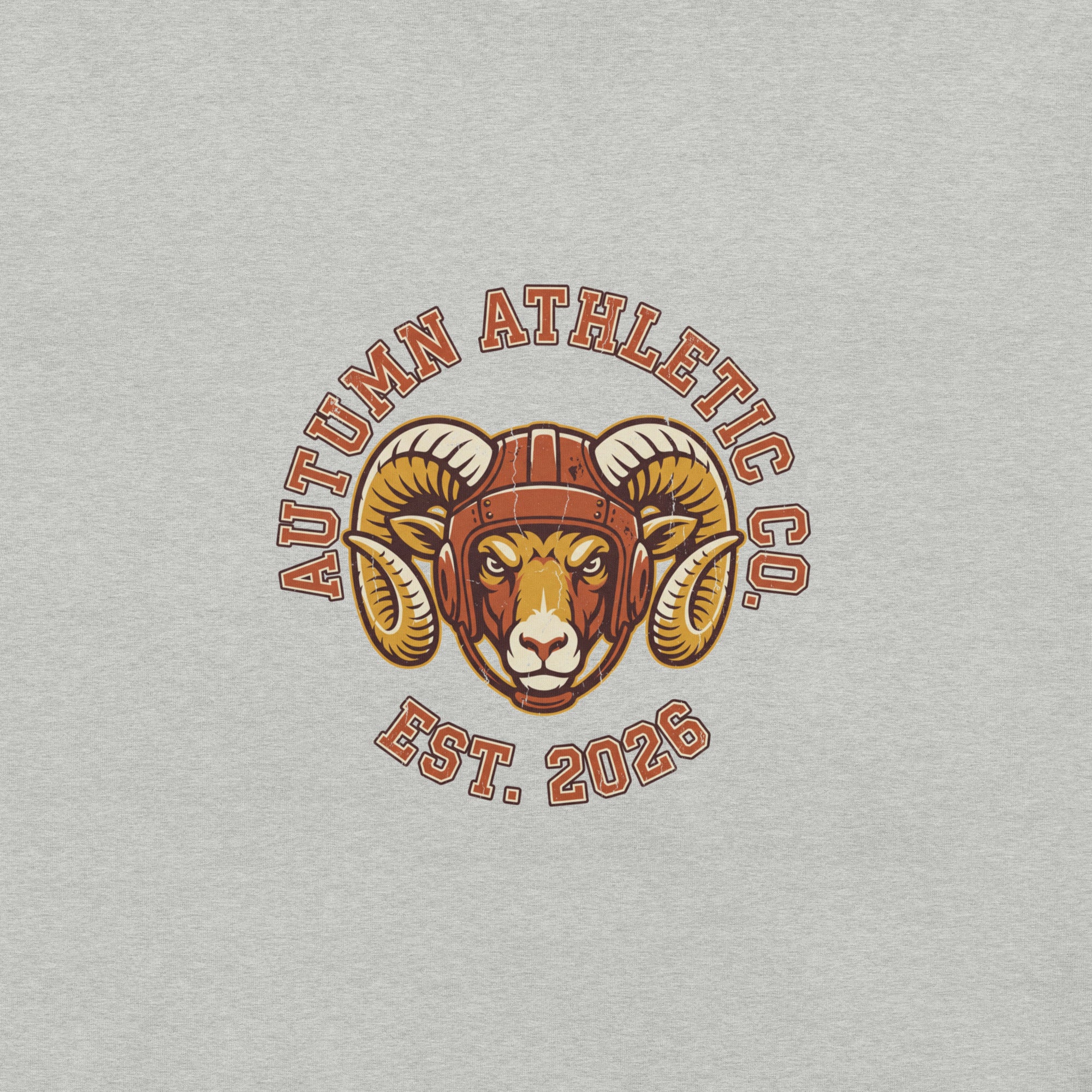 Close-up of the ram crest print showing the distressed vintage texture on athletic heather fabric