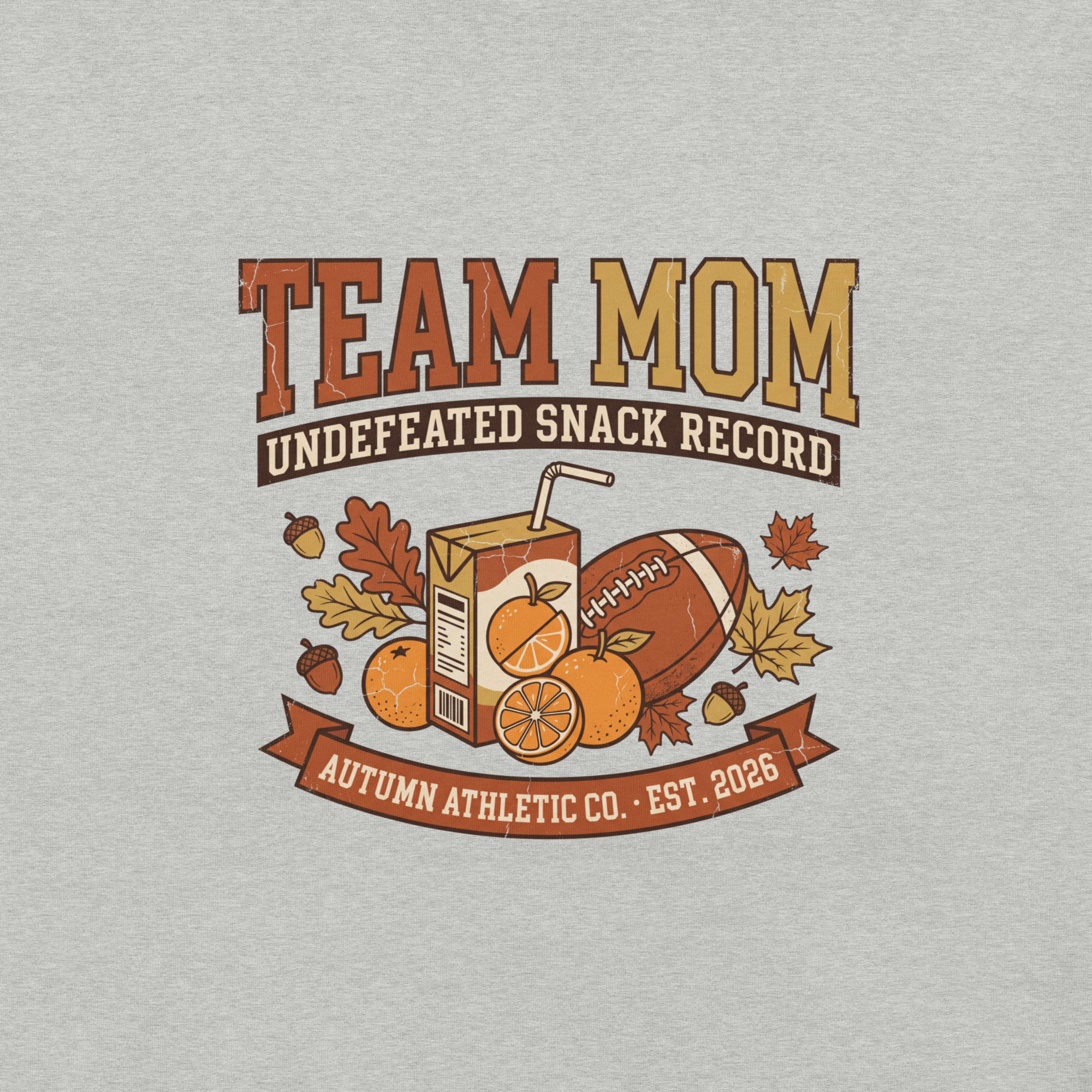 Close-up of the Team Mom print showing the distressed vintage texture on athletic heather fabric